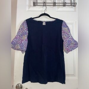 Talbots Cotton Navy Blouse with Floral Sleeves Large